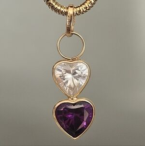 Solid Italian 14k Yellow Gold Amethyst Topaz Double Heart Pendant